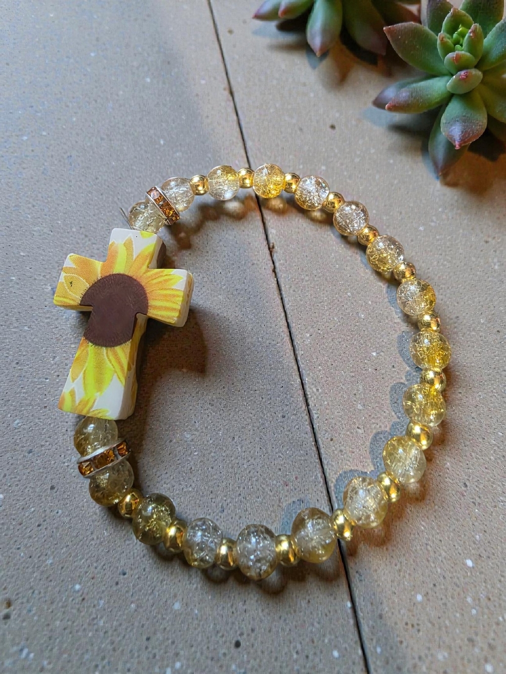 Handmade Sunflower Cross Beaded Stretch Bracelet Styleandstone